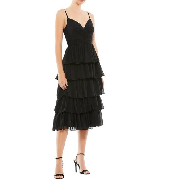 Mac Duggal Dress 0 Black RUFFLE LAYERED V-NECK MIDI Spaghetti Strap Ruched 55437 - Picture 4 of 4